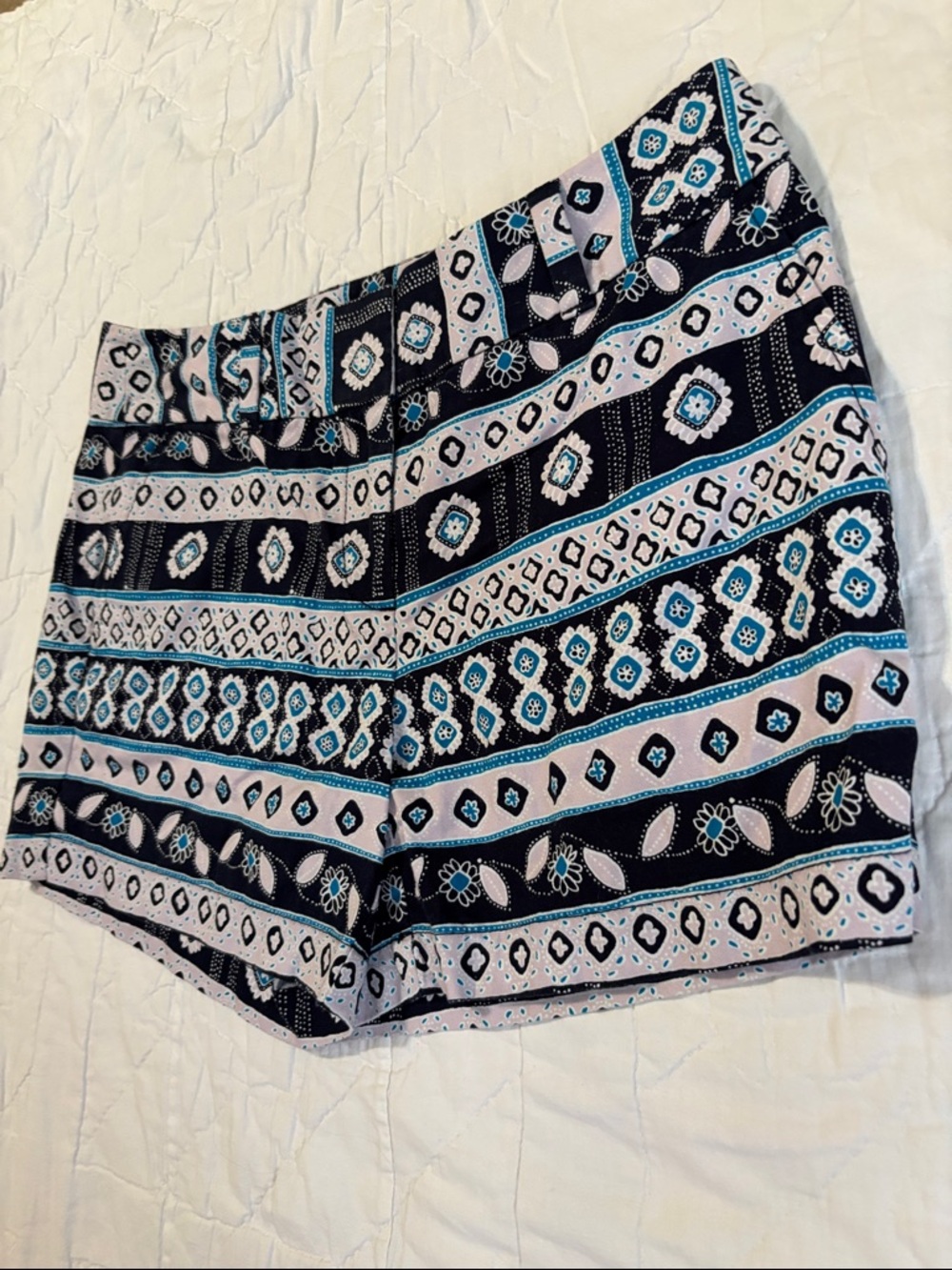 LOFT Navy, White & Teal Patterned Bermuda Shorts - Picture 2 of 4